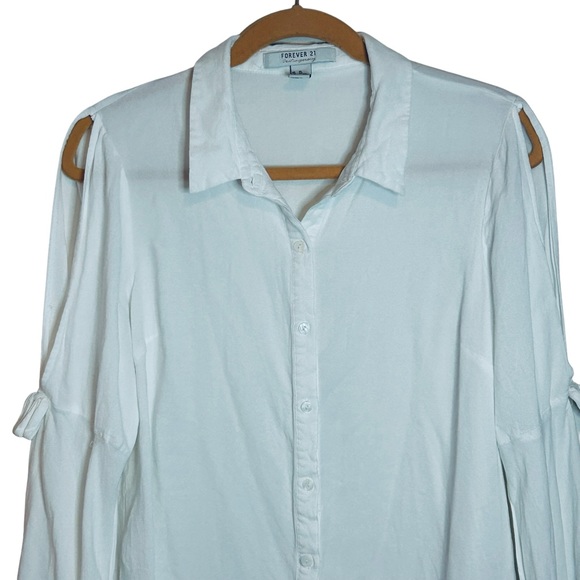 Boho White Open Shoulder Bell Sleeve Button Down Shirt XL - Picture 2 of 8